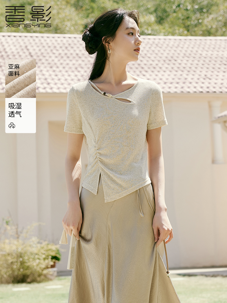 香影不规则短袖针织t恤女含亚麻