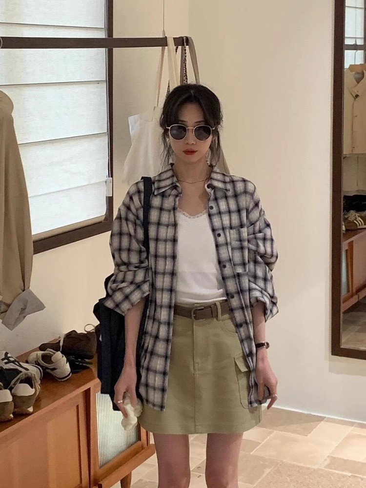 韩系撞色格子POLO衫宽松开衫衬衣女春秋