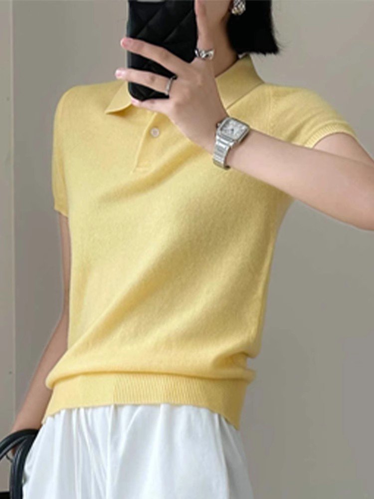 法式白色polo领修身短款上衣女夏独特超