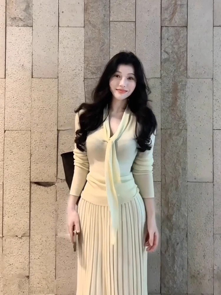 早春飘带v领长袖针织衫t恤女春秋季小个子