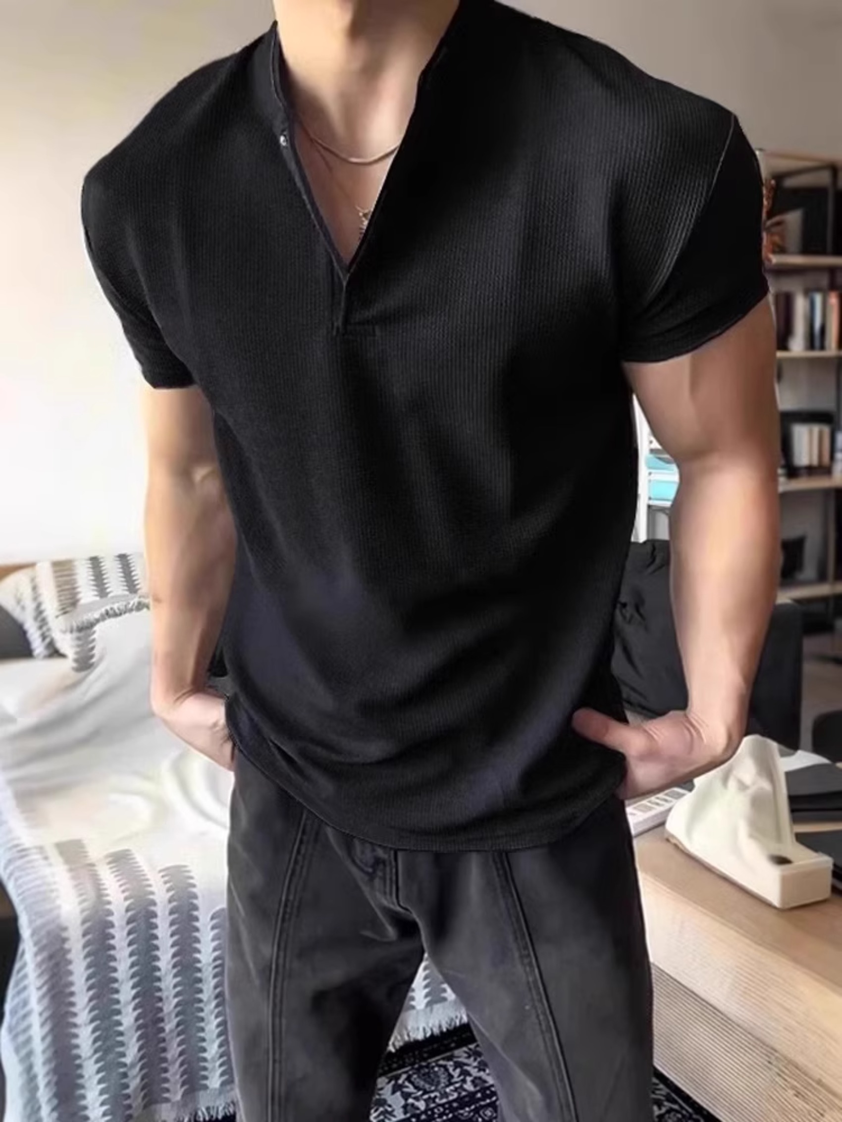 黑色美式亨利领短袖男夏季收紧袖口薄款t恤
