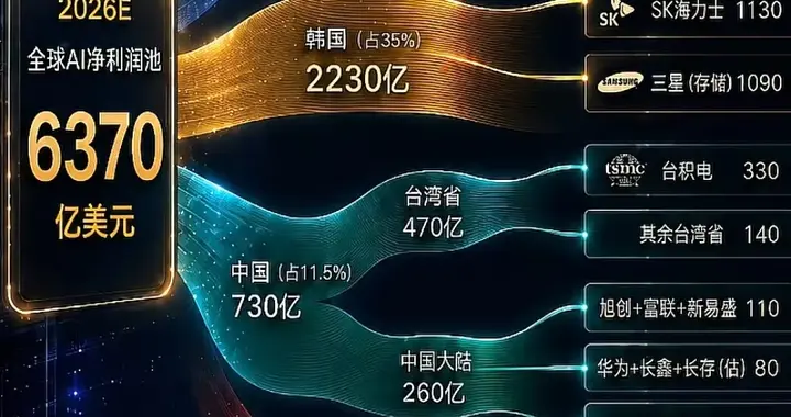 全球6370亿AI利润池拆解：美国拿走近半收益，韩国卖铲子稳居第二