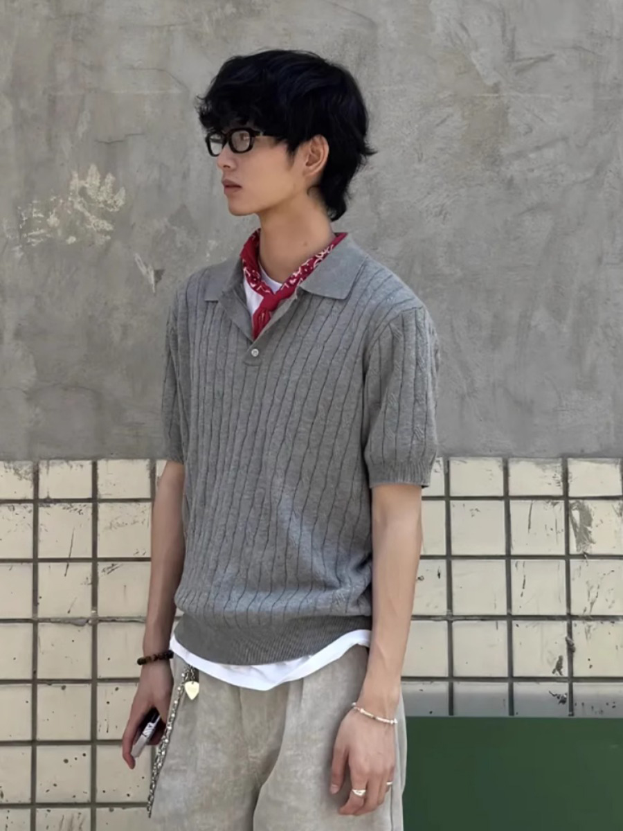 美式复古针织短袖polo衫男夏季轻熟风穿