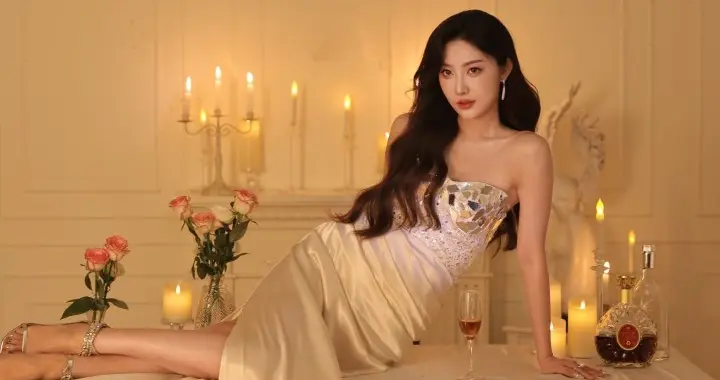 演员钟祺穿白色抹胸开叉长裙，妩媚性感！