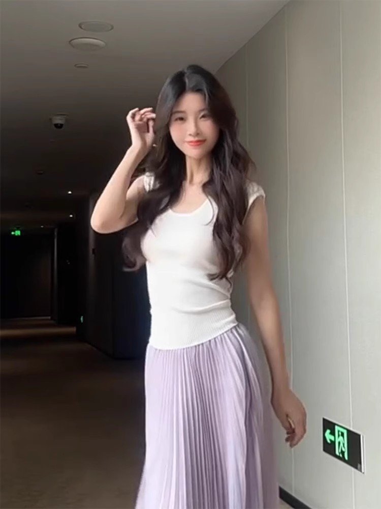 法式白色小飞袖针织冰丝掐腰短袖t恤女夏季