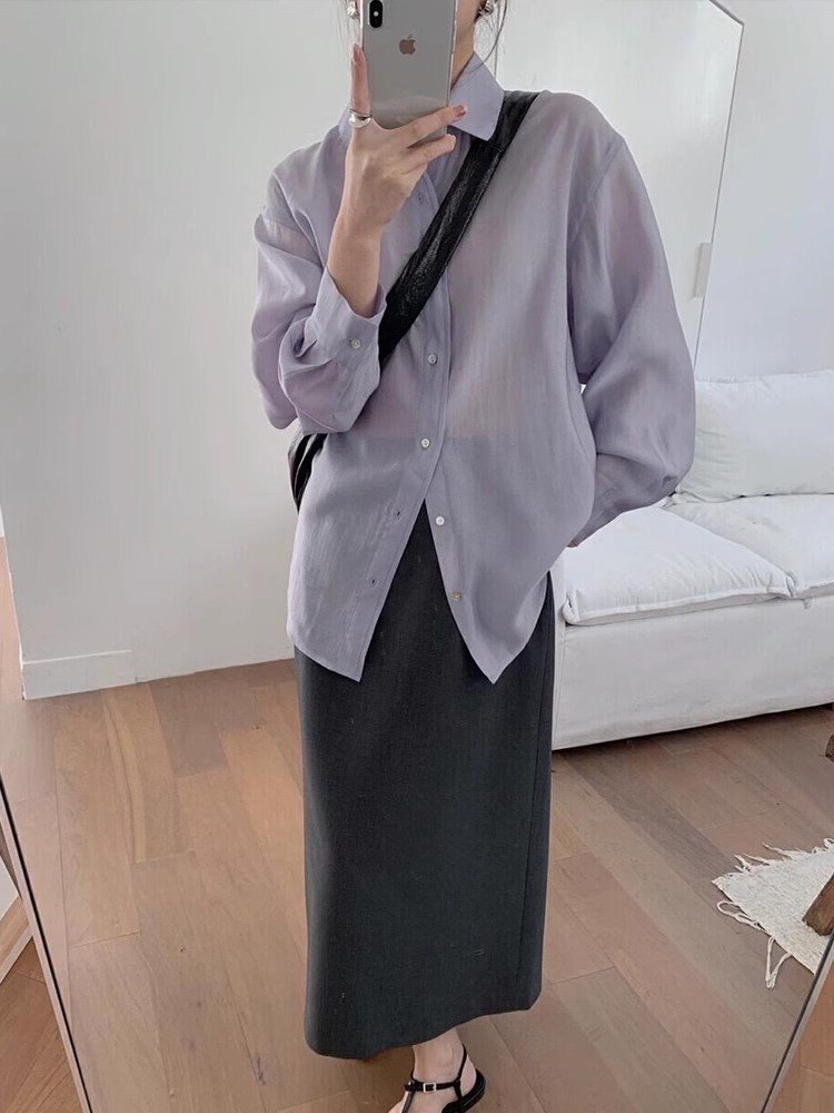 紫色后背开叉天丝防晒衬衫上衣女夏季薄款开