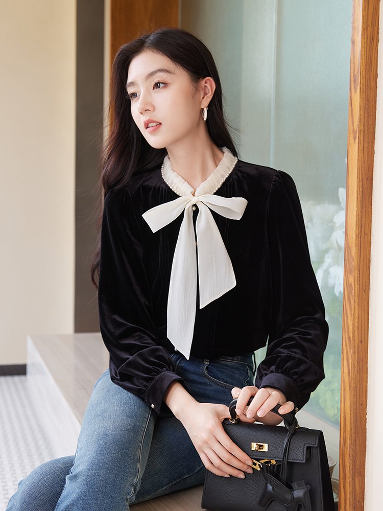 香影法式黑色丝绒衬衫女