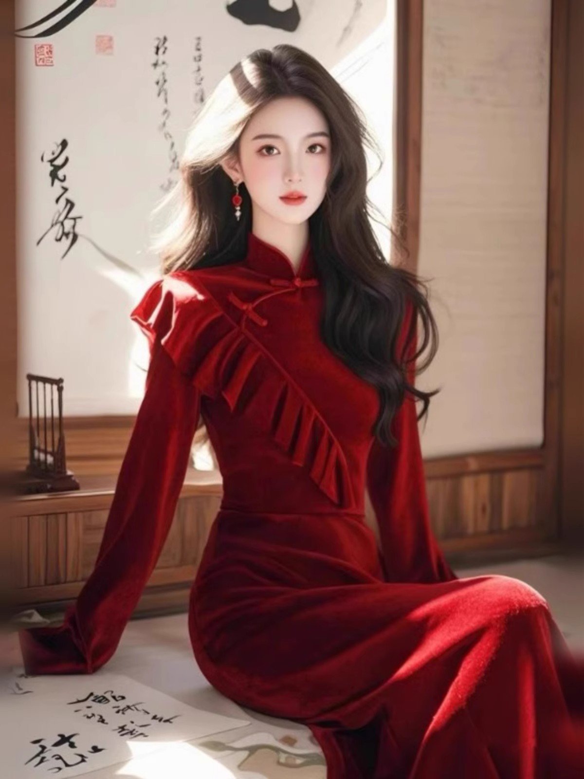 新中式红色丝绒改良旗袍连衣裙女冬季新年战
