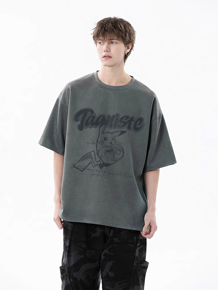 麂皮绒卡通动漫短袖男款夏季美式高街重磅t