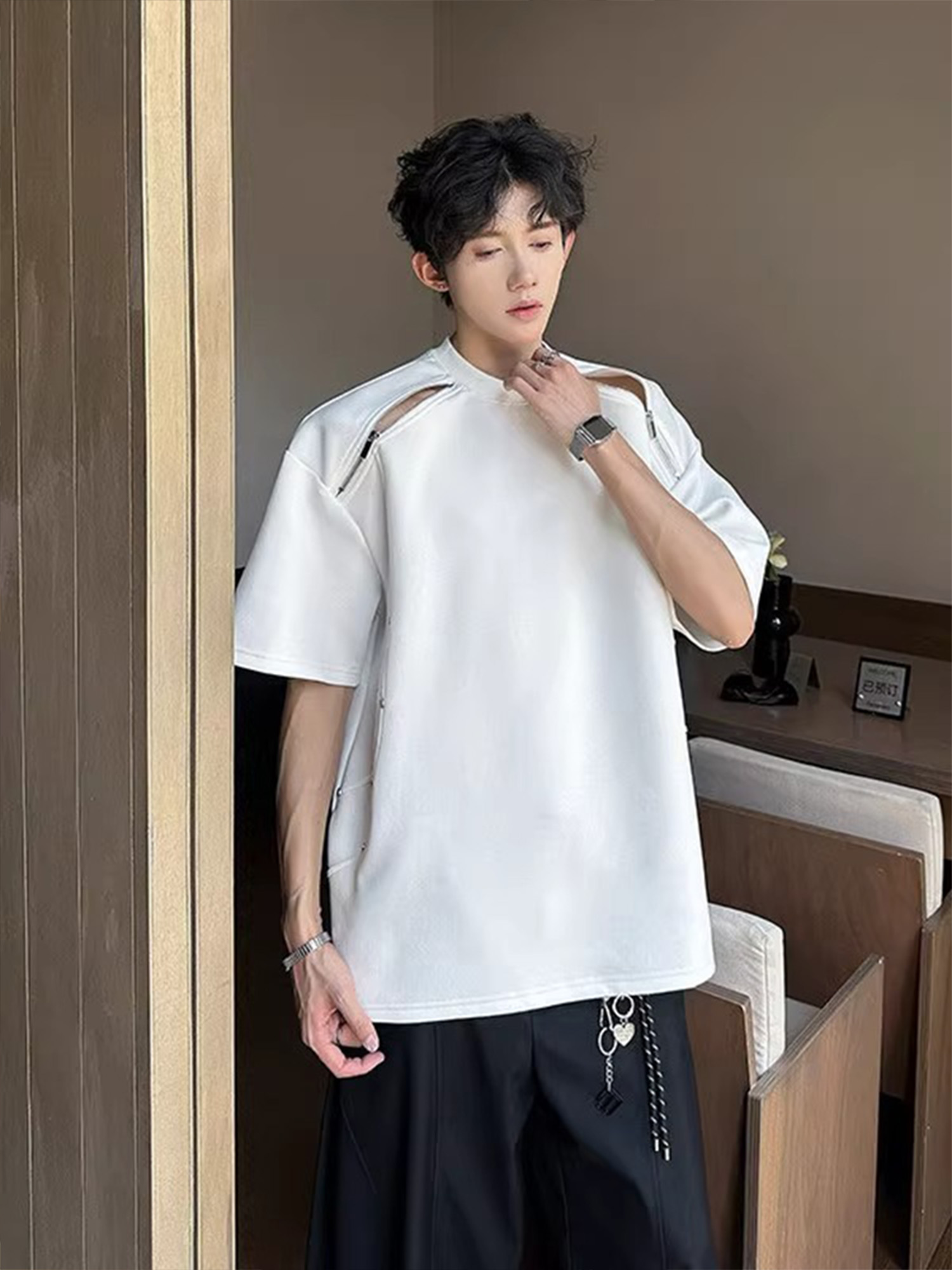 解构拉链垫肩短袖男款夏季cleanfit