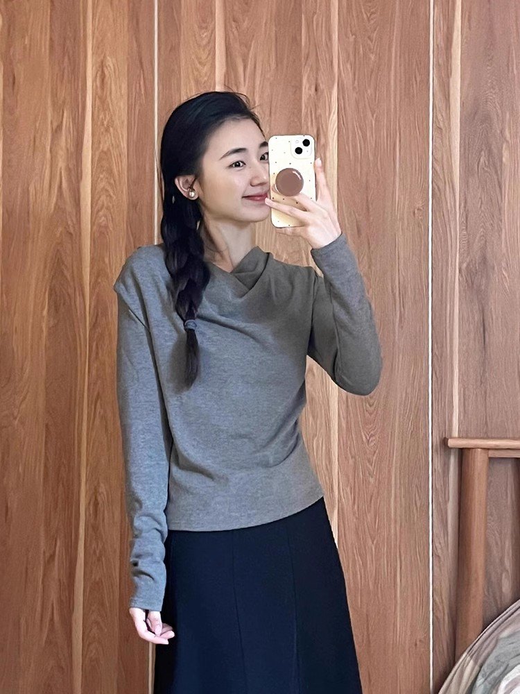 韩系内搭灰色荡领长袖t恤女秋冬季修身打底