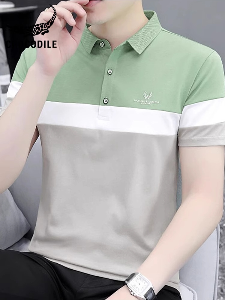 鳄鱼恤冰丝棉polo衫拼色翻领短袖