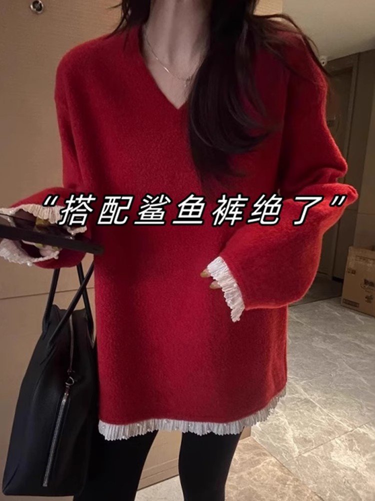 红色蕾丝v领长袖打底衫女冬过年穿搭高级感