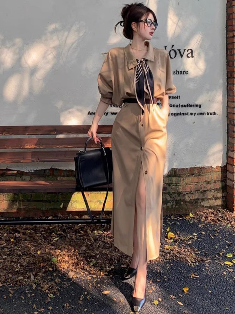 风衣外套中长款polo领连衣裙女