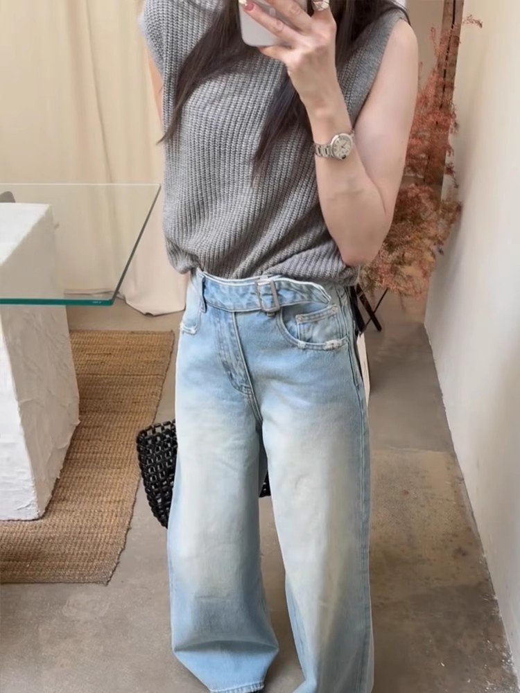 小个子灰色针织冰丝无袖坎肩短款上衣女夏季