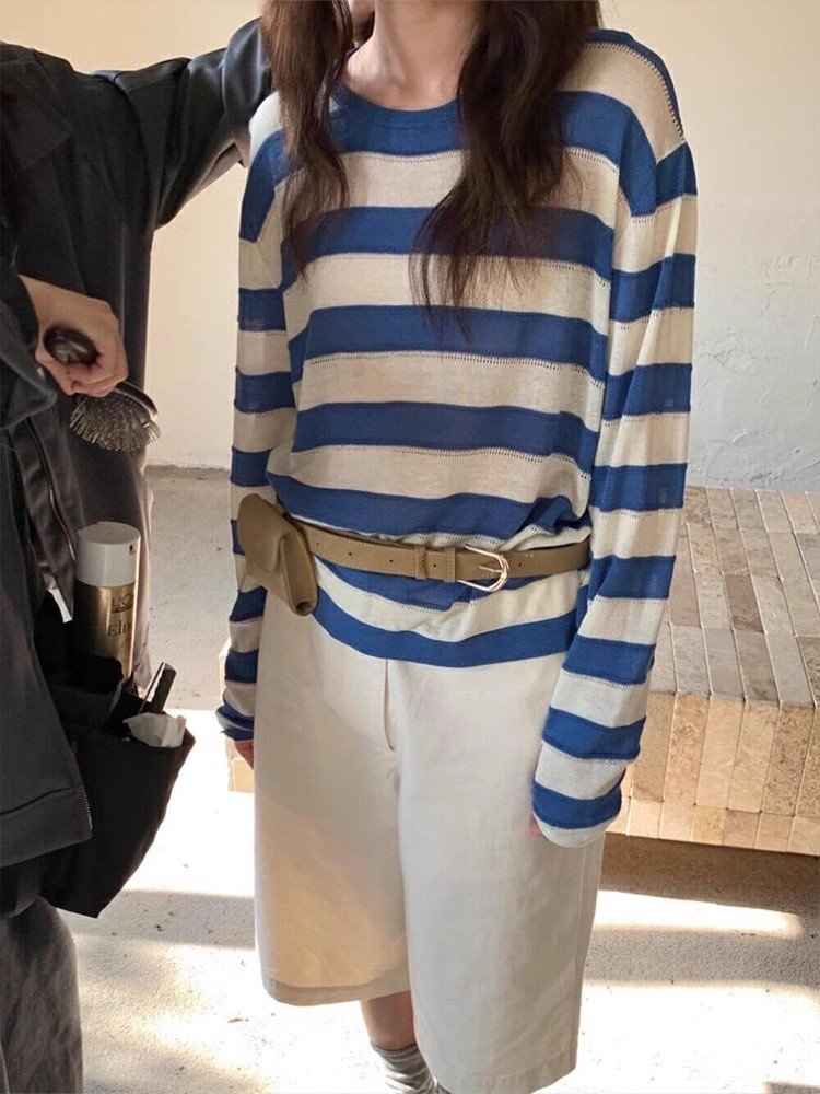 美式复古蓝色条纹圆领正肩长袖t恤女春秋小