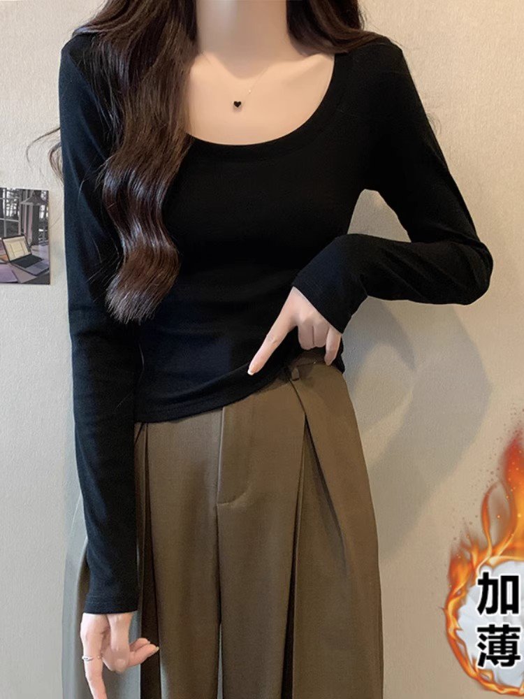 清仓黑色加绒加厚正肩u领长袖t恤女冬季