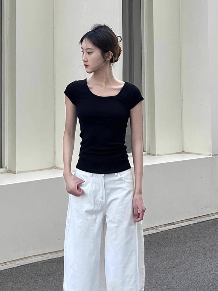 法式黑色方领飞飞袖正肩短袖t恤女夏季短款