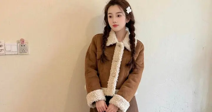 元气满满的少女范穿搭，可爱的羊羔绒+棕色短裙，颜色搭配的好正