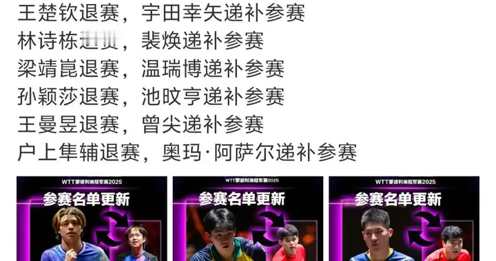 终于官宣孙颖莎王楚钦蒙彼利埃冠军赛退赛了，确实需要休息一下