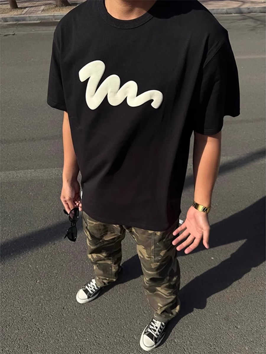黑色印花短袖男2025新款夏季潮牌美式重