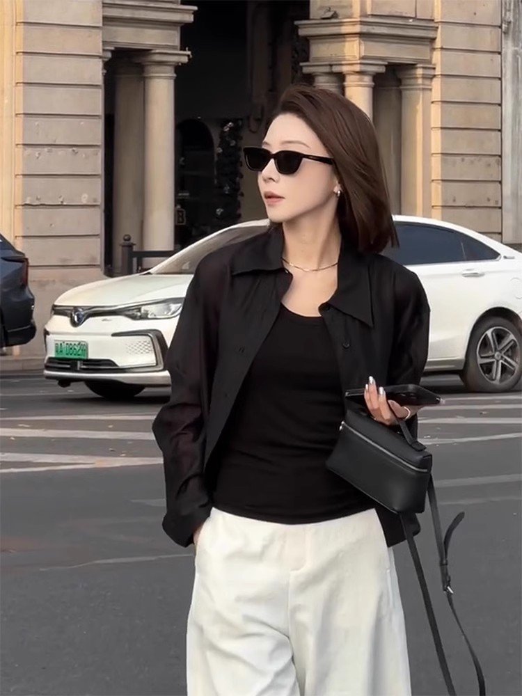 法式黑色短款外搭防晒长袖衬衫女夏季衬衣外