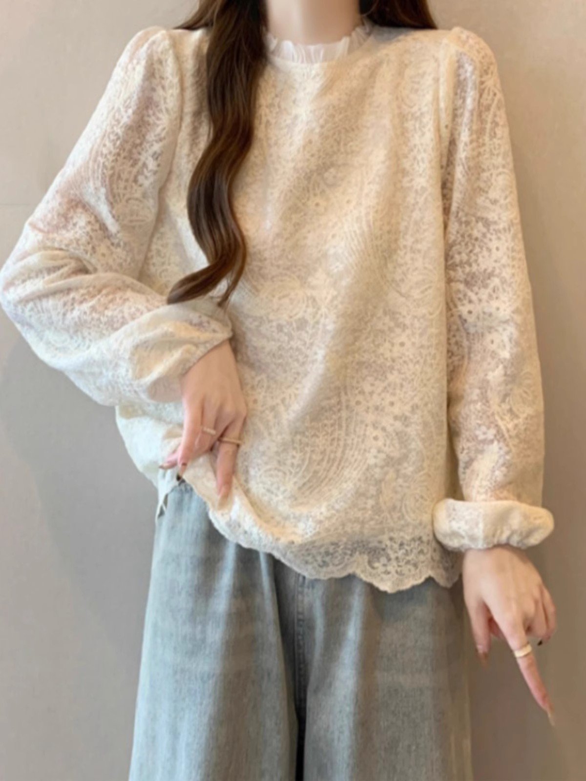 法式提花蕾丝长袖衬衫女春秋季内搭叠穿打底