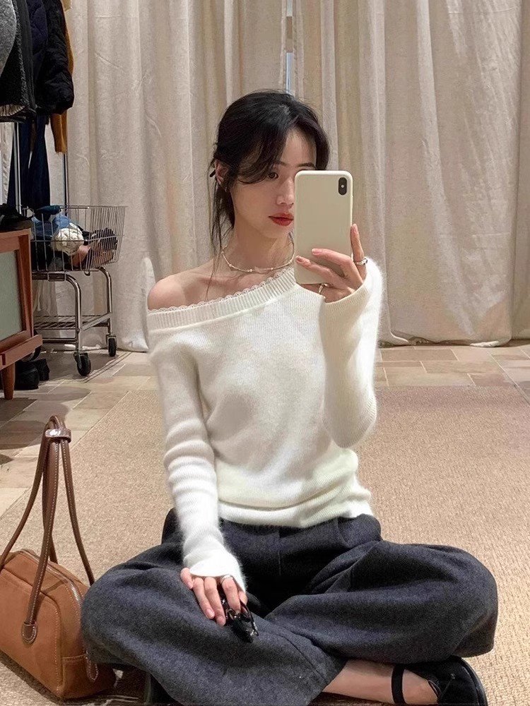 韩系白色蕾丝花边长袖针织t恤女春秋露肩打