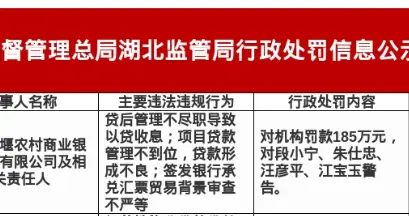 十堰农商行被罚185万，涉贷后管理不尽职等