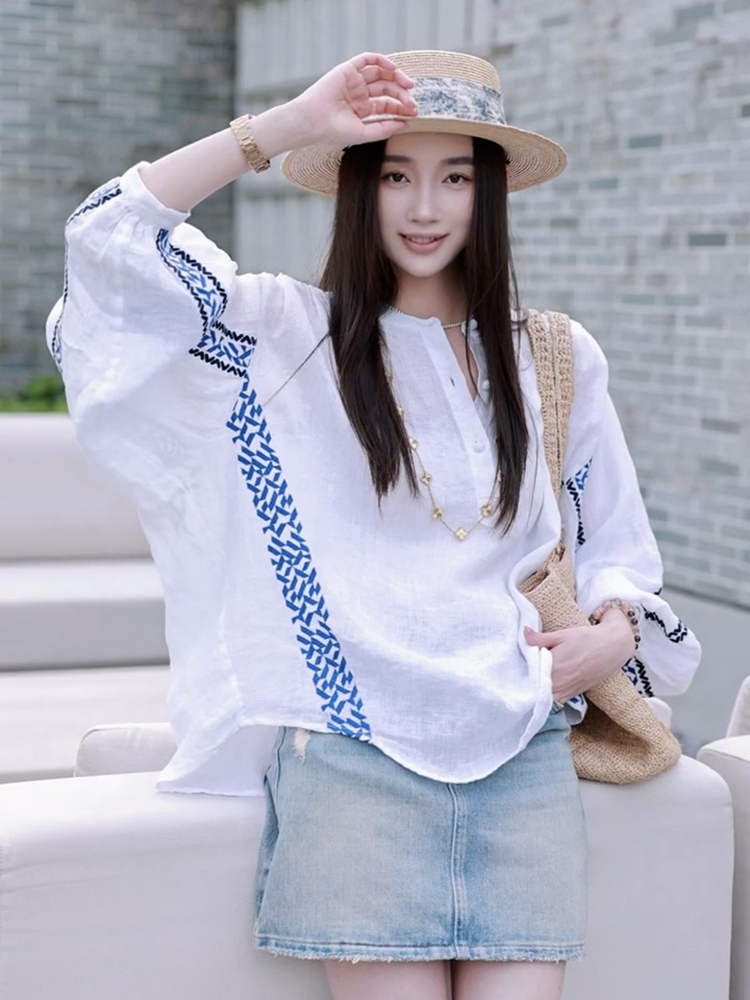 高级感轻奢减龄洋气白色棉麻衬衫女