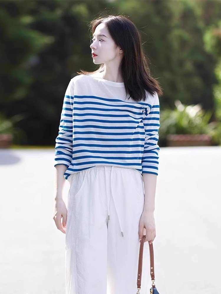 韩系蓝色条纹圆领长袖t恤女春秋季小众设计