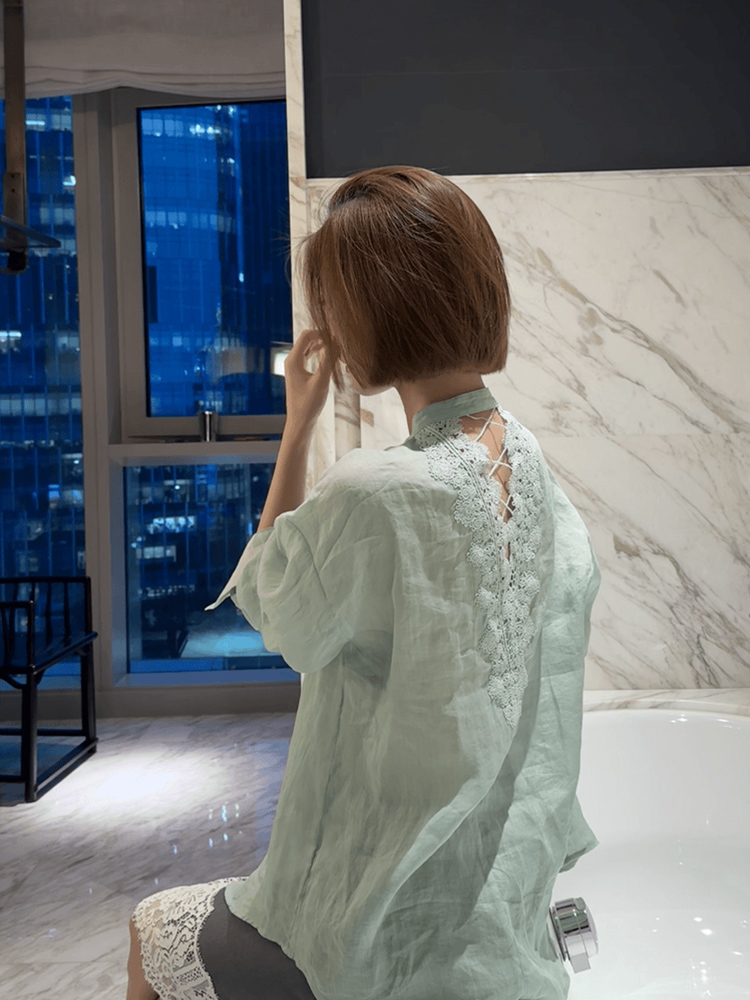 轻奢高级感多巴胺绿色蕾丝刺绣亚麻衬衫女