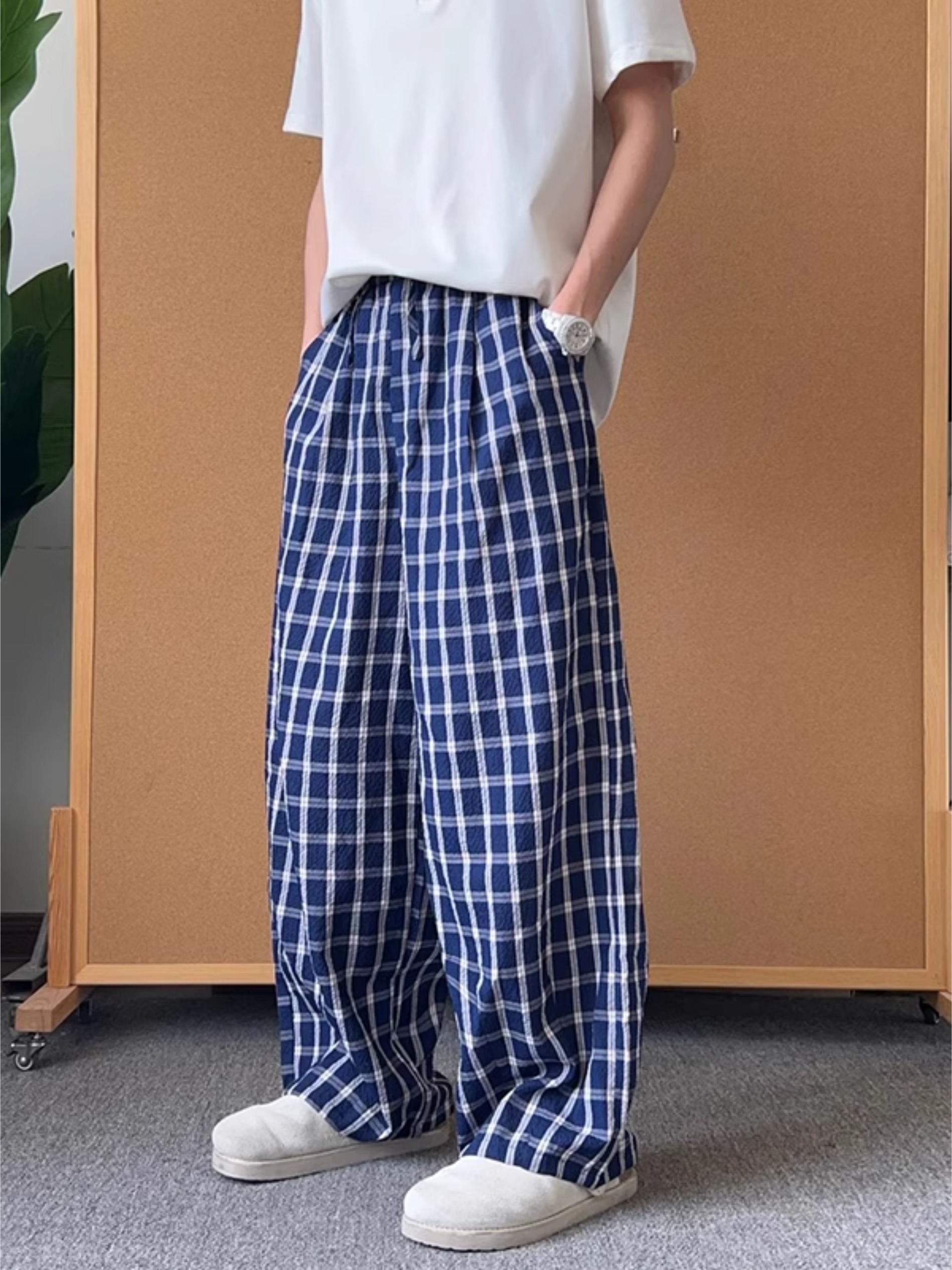 蓝色弯刀格子裤男夏季薄款美式复古垂感阔腿