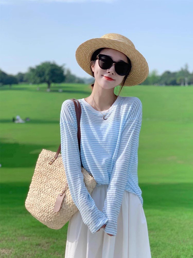 韩系蓝色条纹圆领长袖防晒t恤罩衫女夏季吊