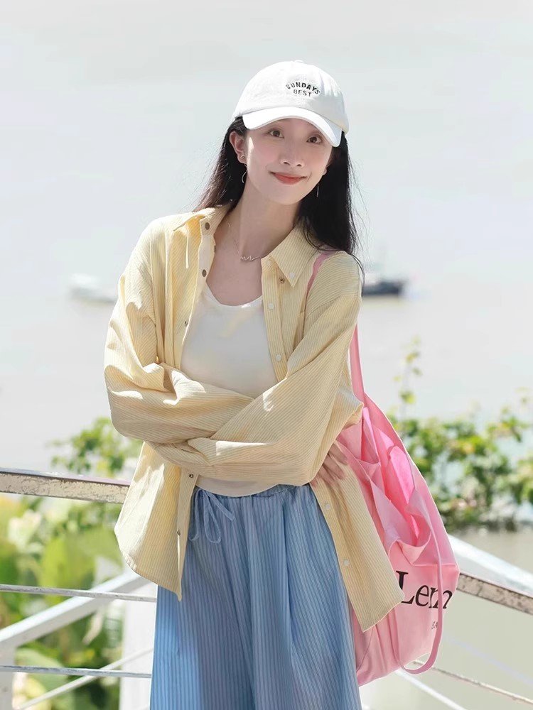 韩系黄色条纹polo领长袖衬衫外套女春秋