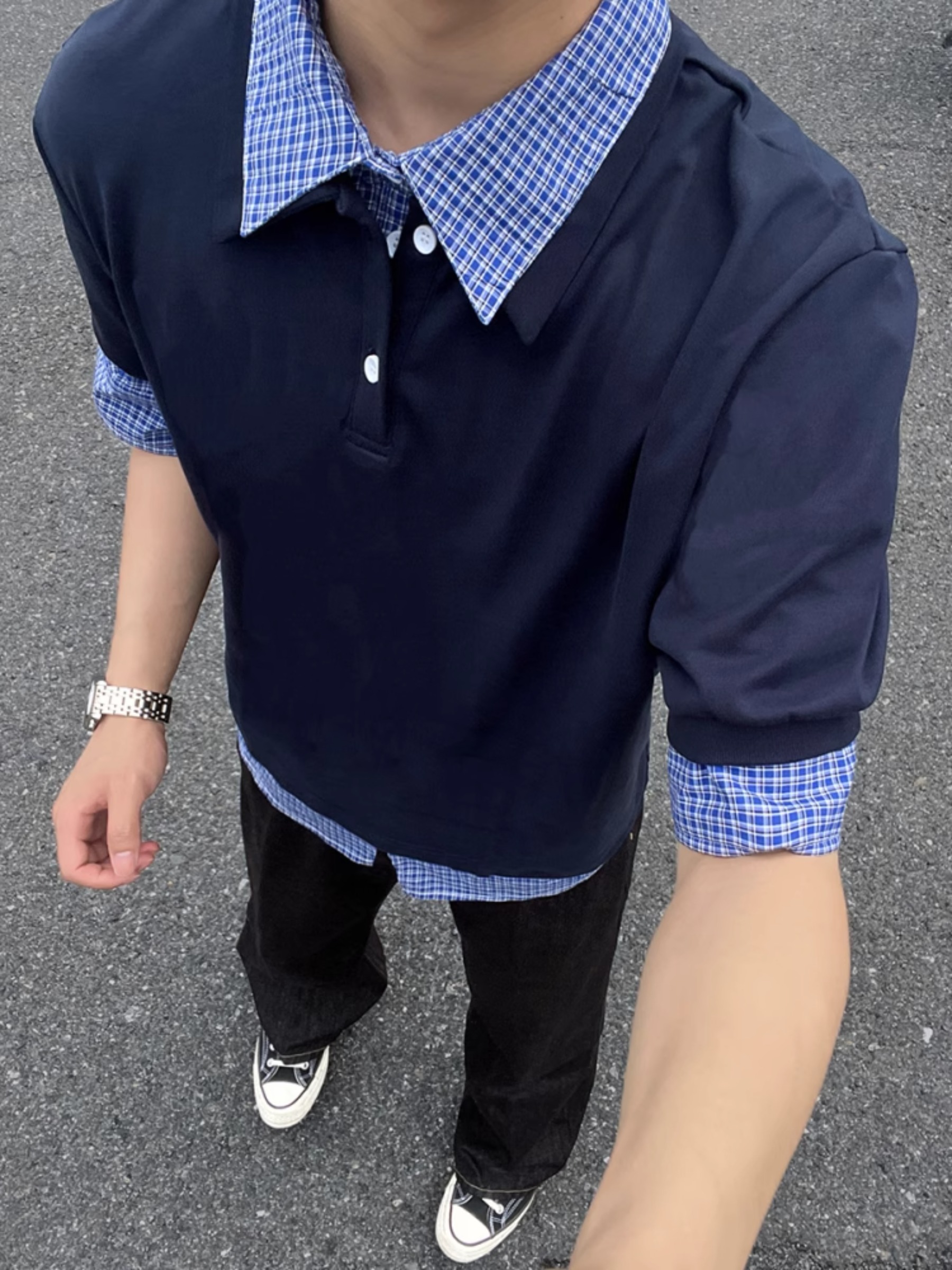 藏青色假两件polo衫短袖男夏季格子拼接