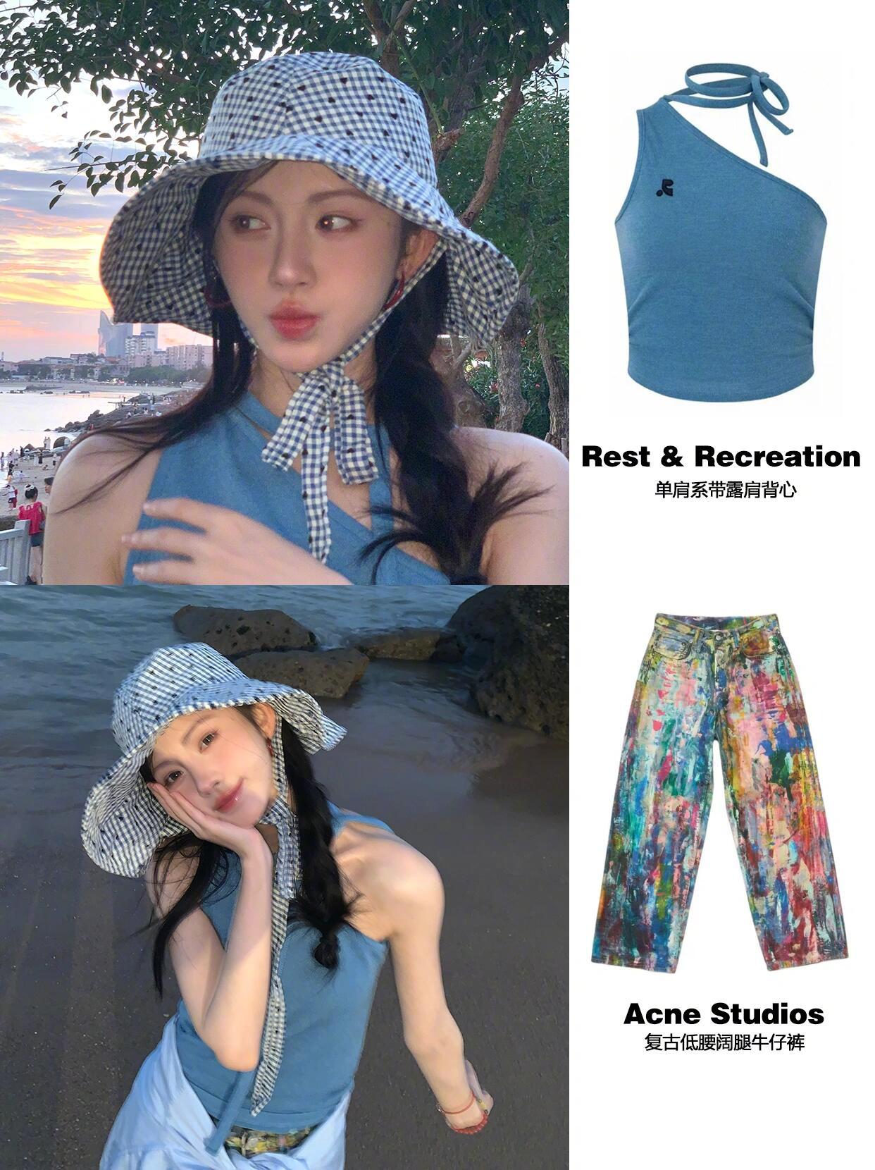 鞠婧祎最新释出的海岛🏝️碎片，蓝色💙单肩系带露肩背心好好看，搭配彩...