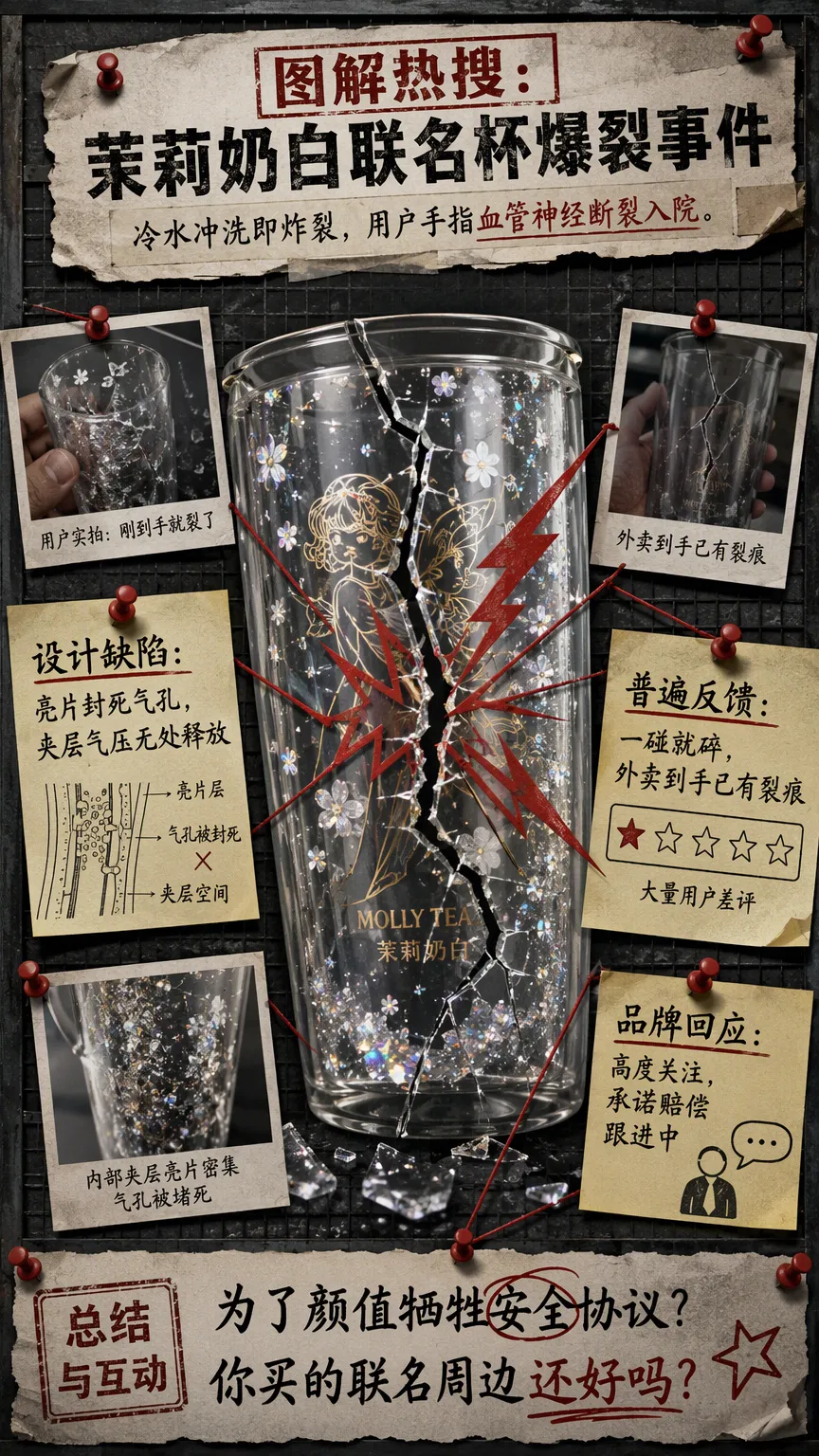 茉莉奶白联名水杯爆裂致用户住院双层玻璃为了塞进亮片，把本该平衡内外气压...