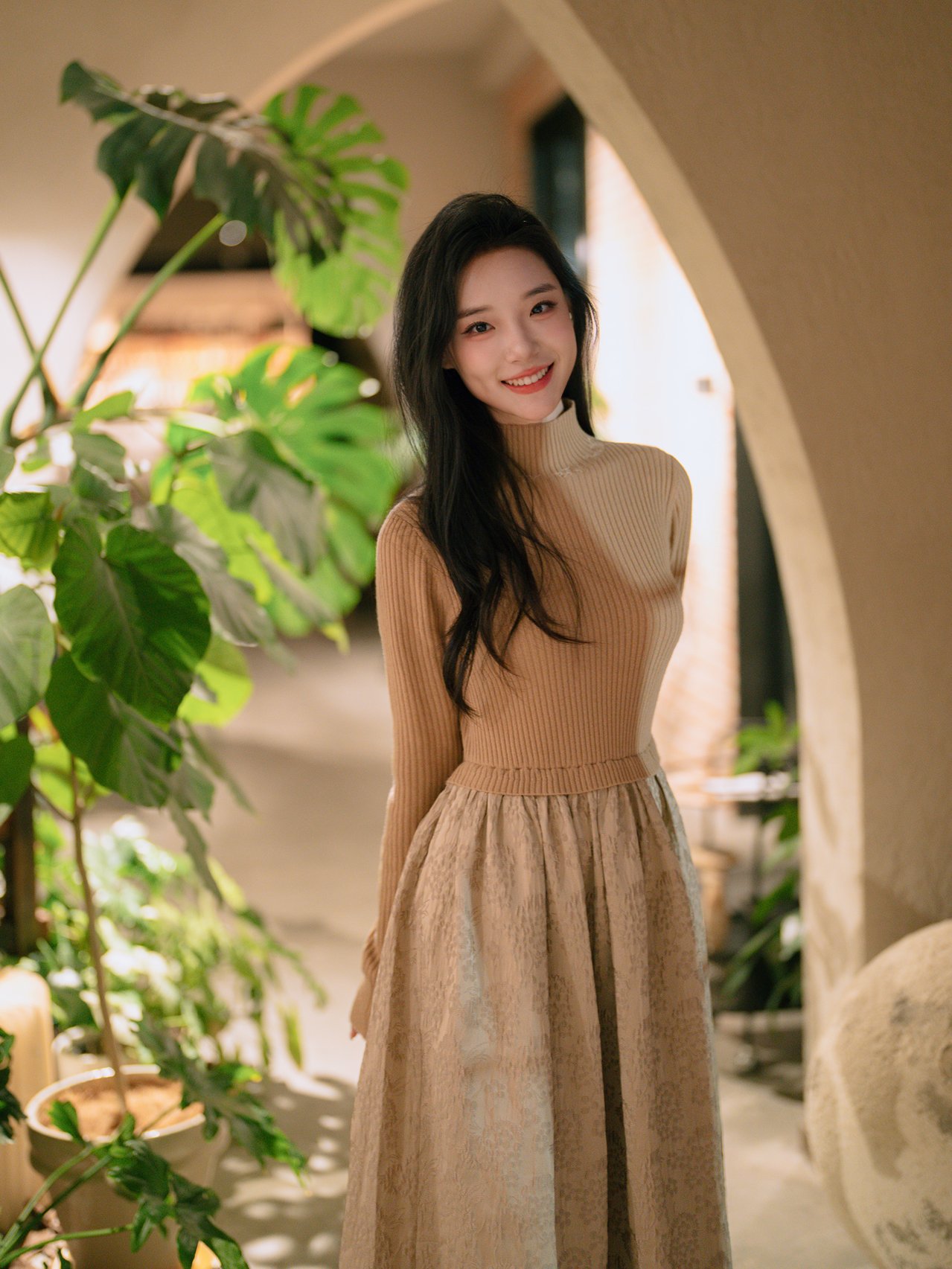 茶愫撞料拼接连衣裙女提花羊毛