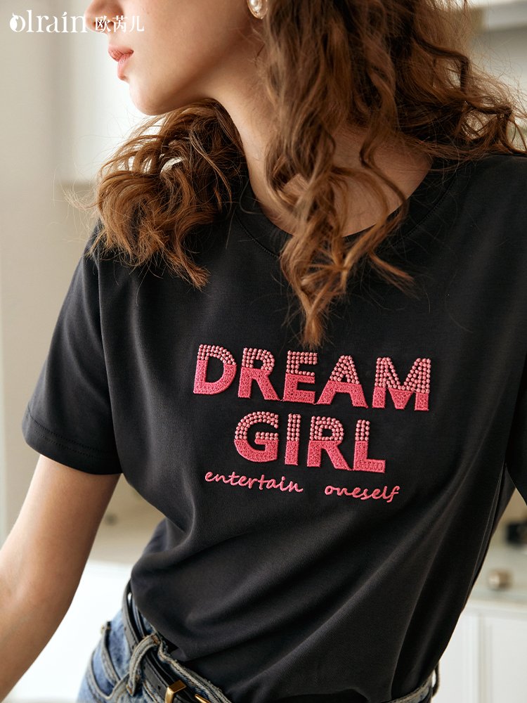 黑灰色美式复古百搭印花T恤