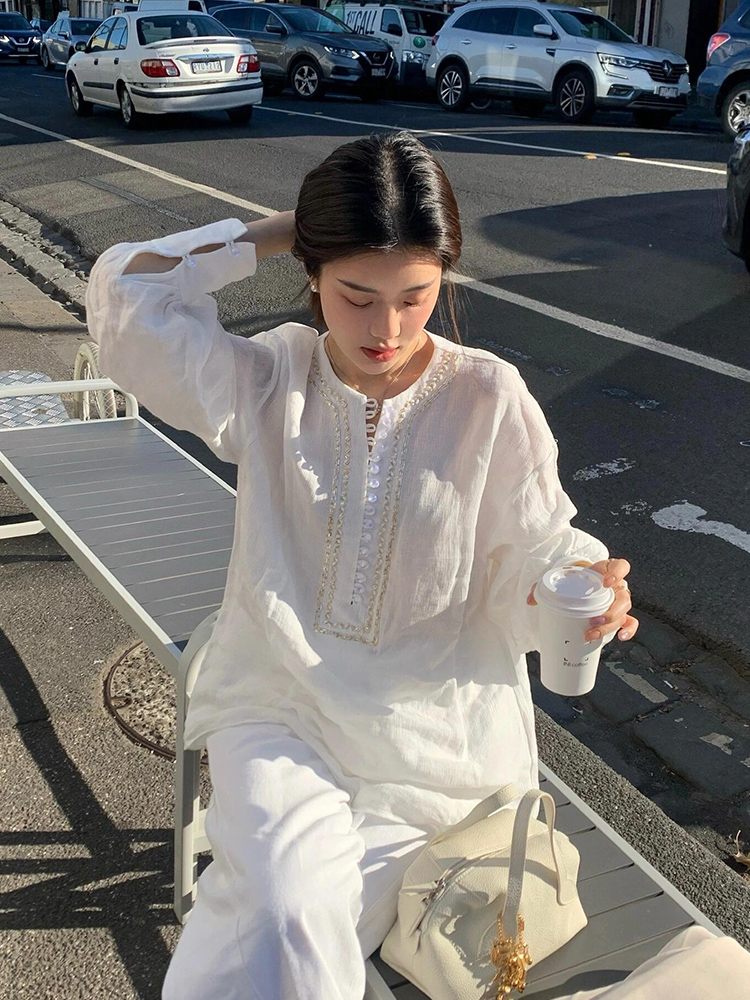 绝美小上衣轻奢洋气减龄白色亚麻防晒衬衫