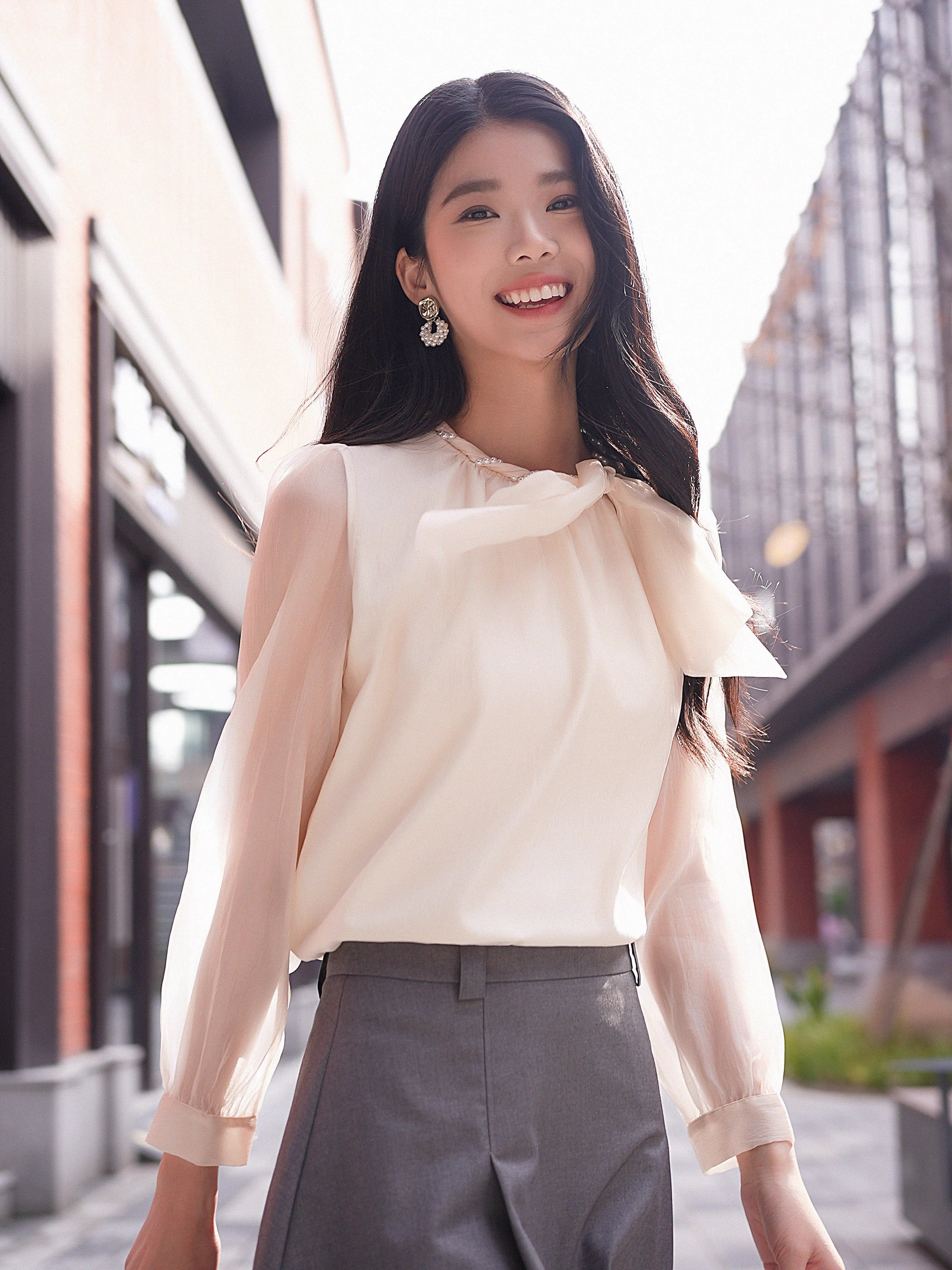 衣香丽影蝴蝶结飘带雪纺衫女2025年春季
