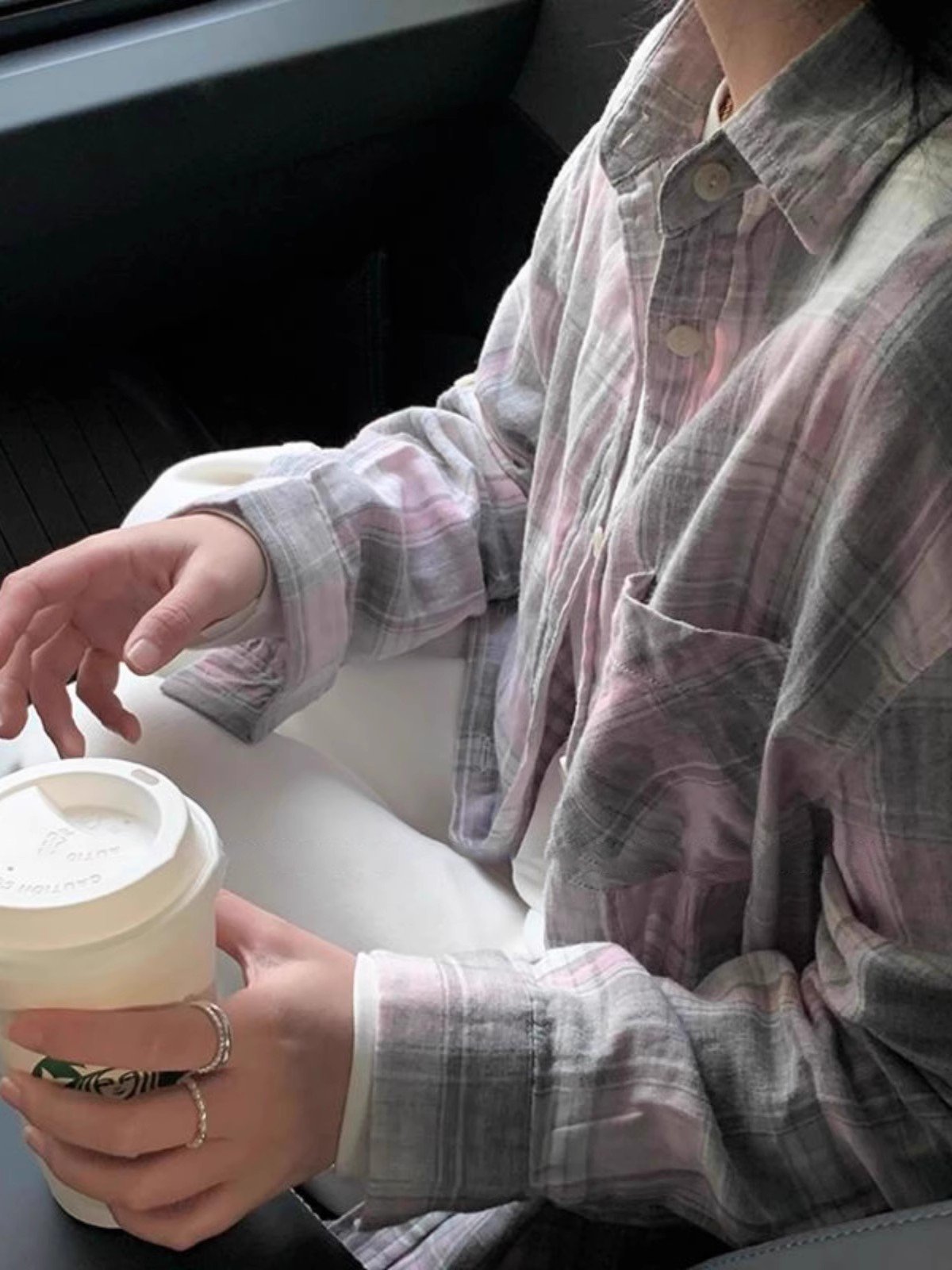 韩系粉色格子polo领长袖衬衫外套女早春