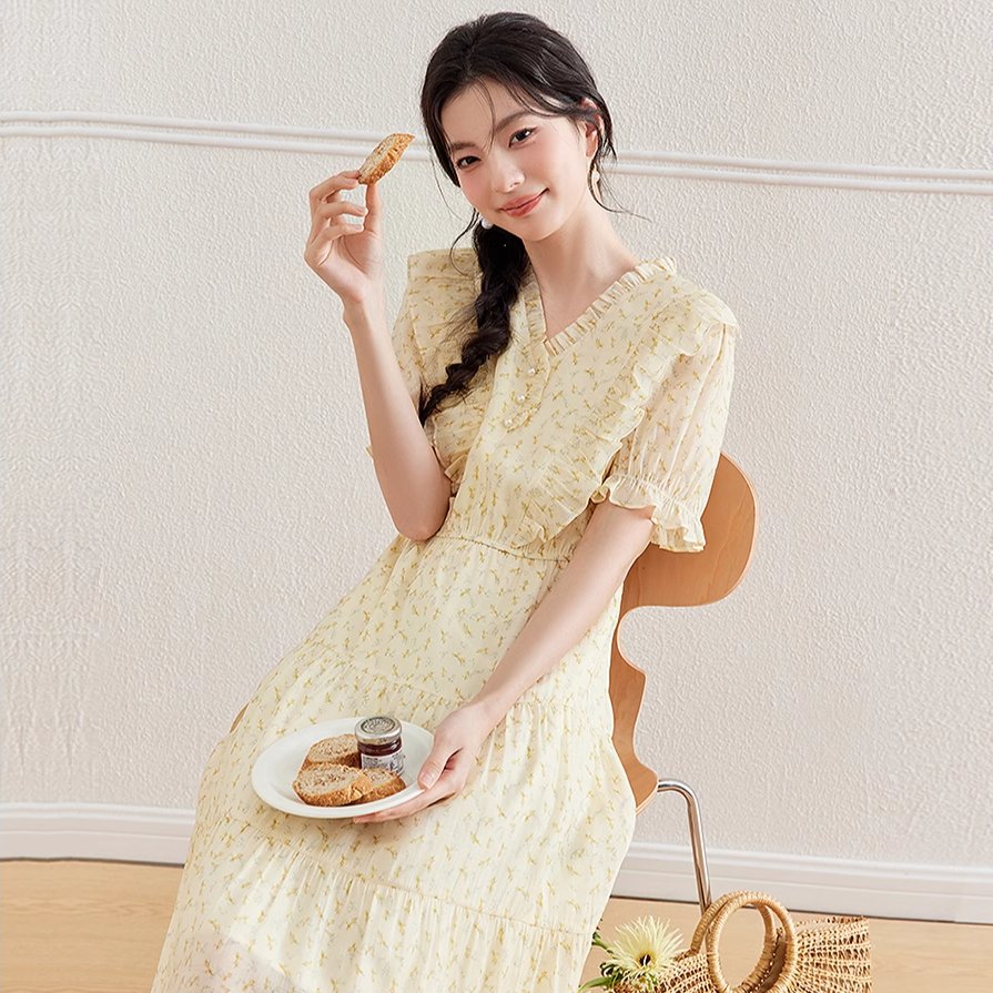KBNE连衣裙女莱赛尔碎花长裙2024夏