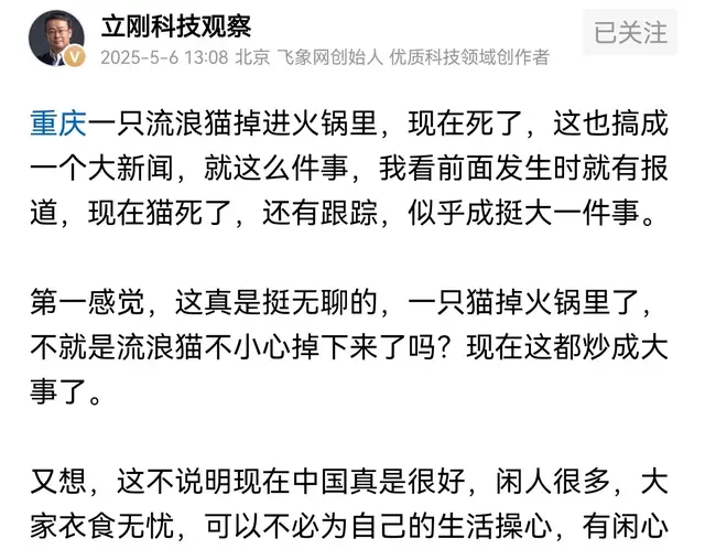 项立刚:一只流浪猫掉进火锅里被炒成大事，说明中国现在真的很好