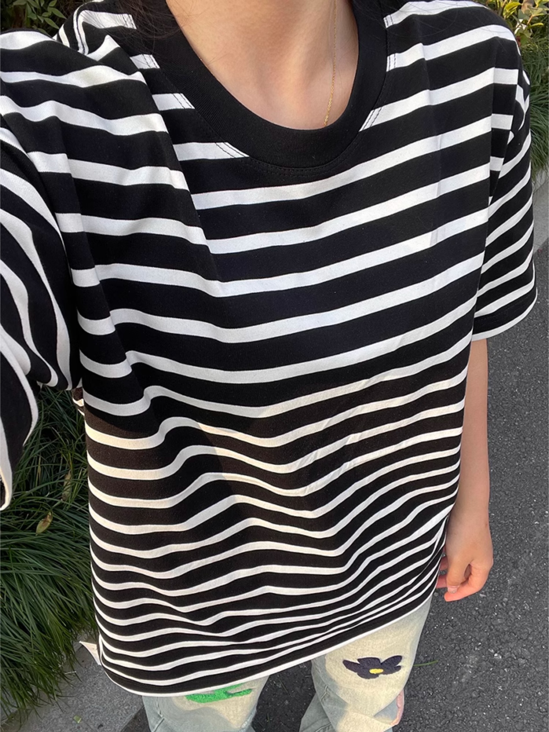 黑白条纹冰感索罗娜短袖男夏季美式小领口正