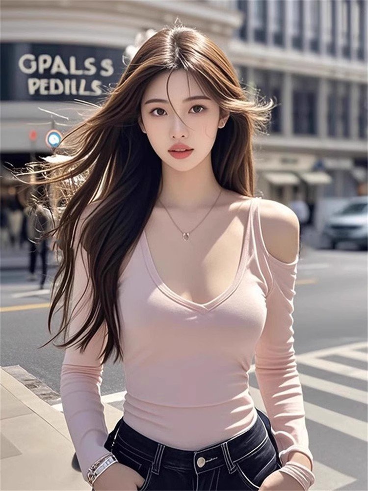 粉色内搭v领长袖露肩t恤女春秋小个子打底