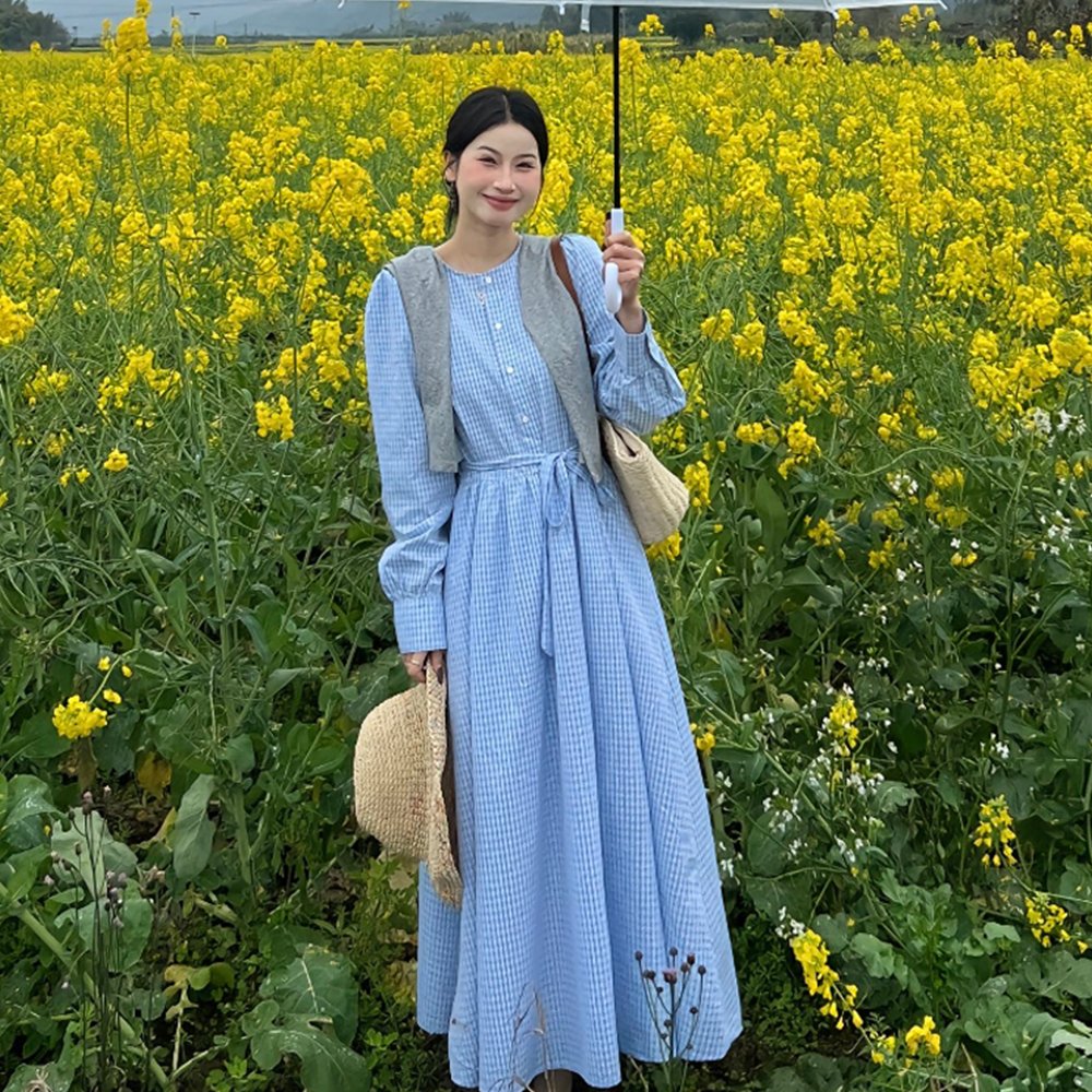 蓝色连衣裙气质圆领长裙系带收腰显瘦裙子