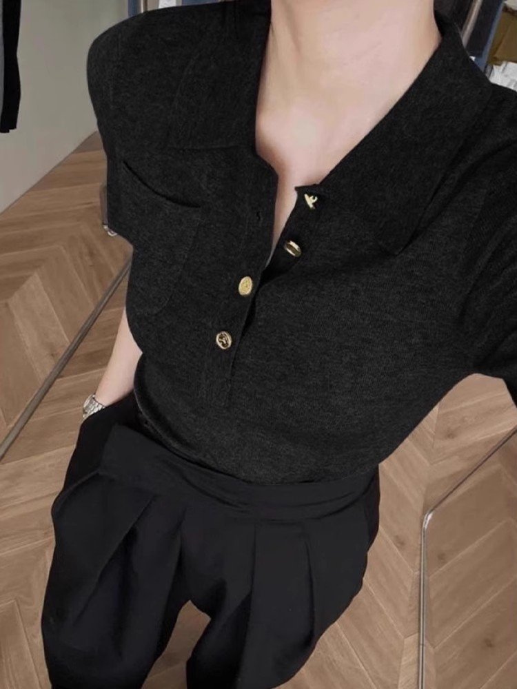 法式黑色Polo领短袖T恤女夏季小个子气