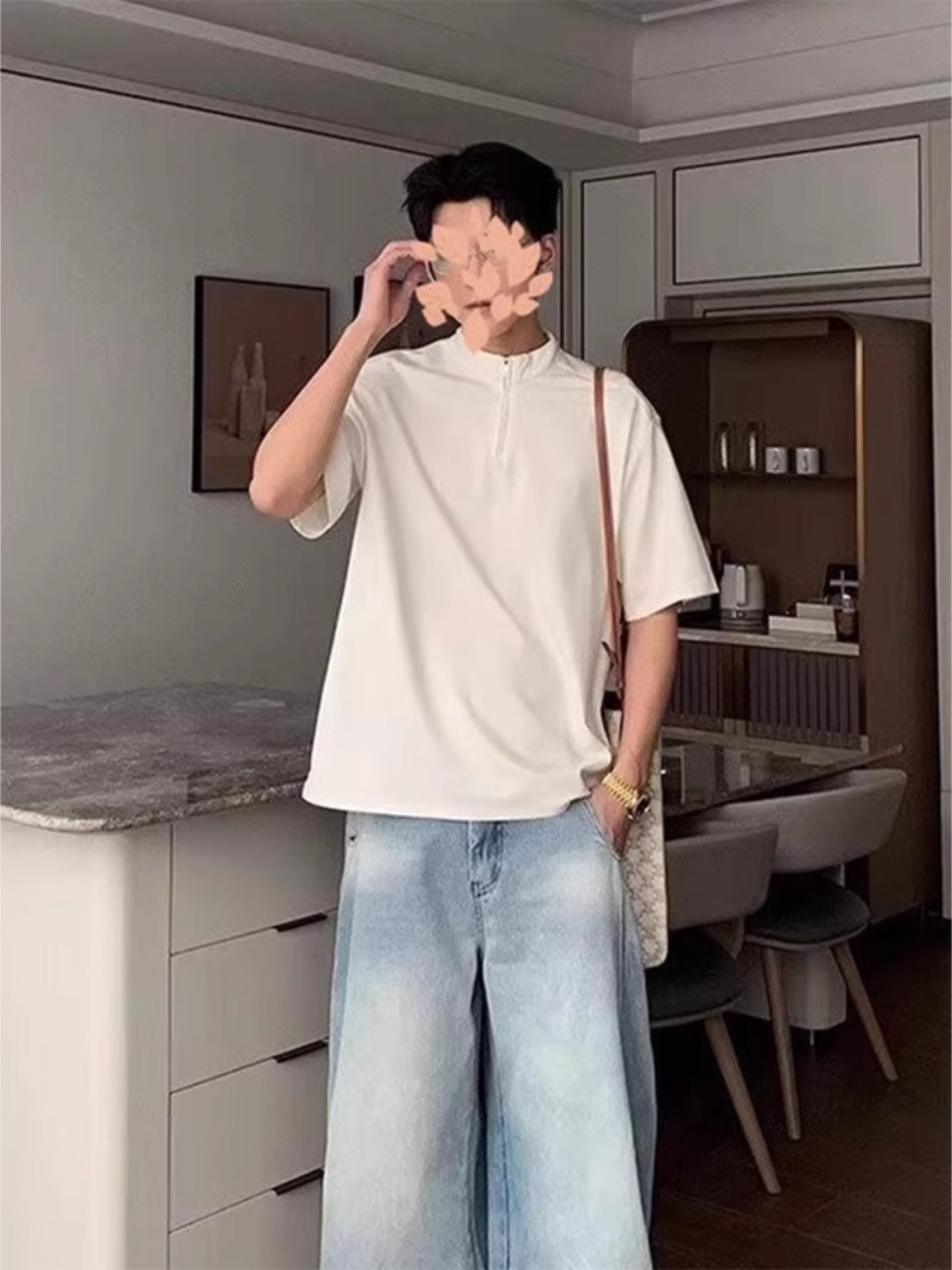 索罗娜凉感半拉链短袖男夏季美式潮牌正肩t